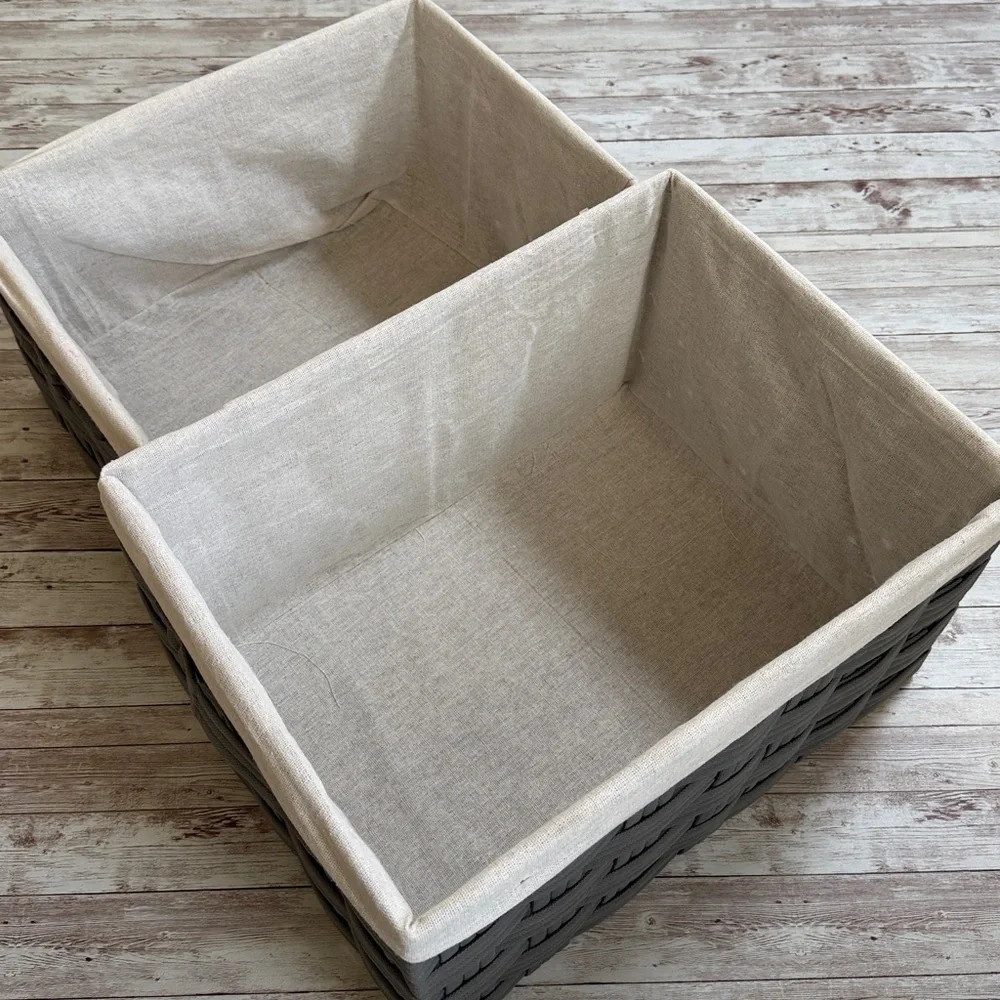 Pair Woven Fabric Baskets with Linen Liner Gray Beige 15